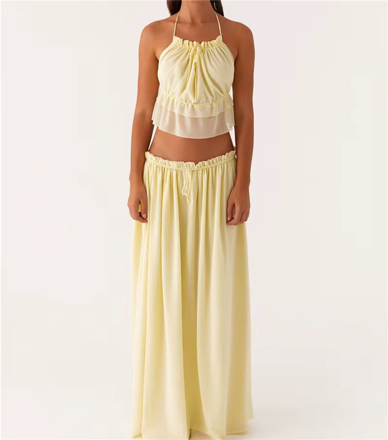 Casual Sleeveless Tie Front Cami Tops and Long Skirt Two Piece Set