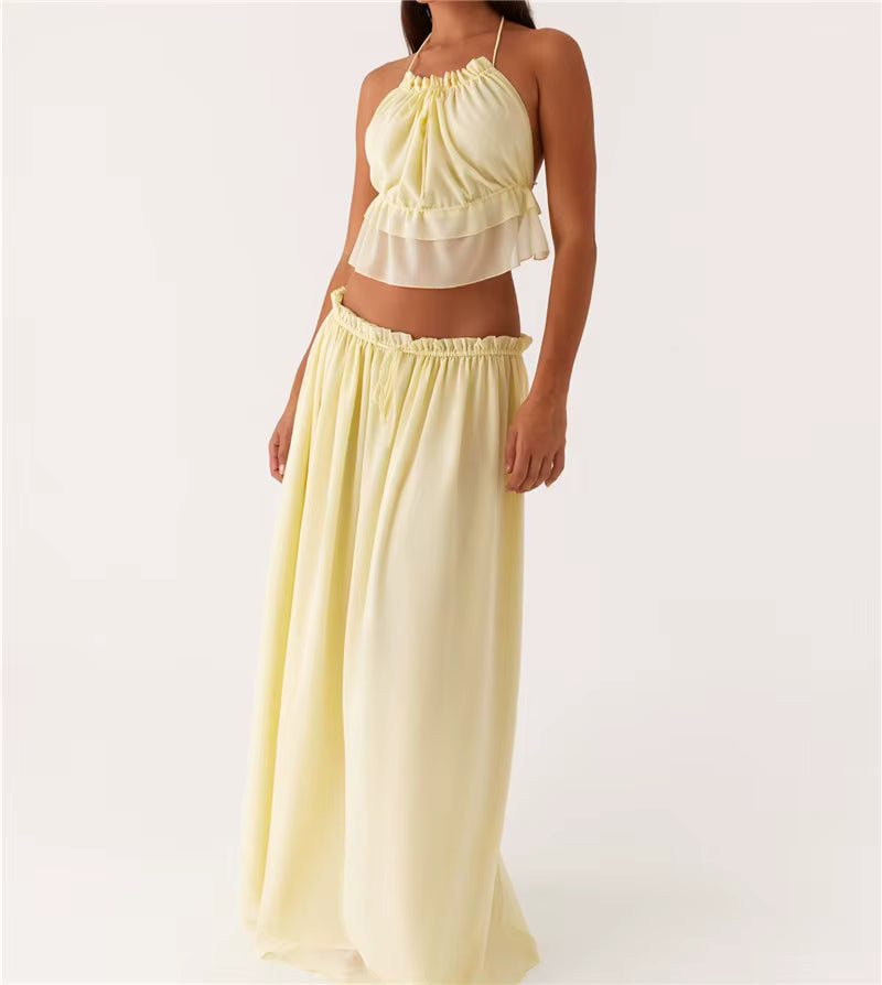 Casual Sleeveless Tie Front Cami Tops and Long Skirt Two Piece Set
