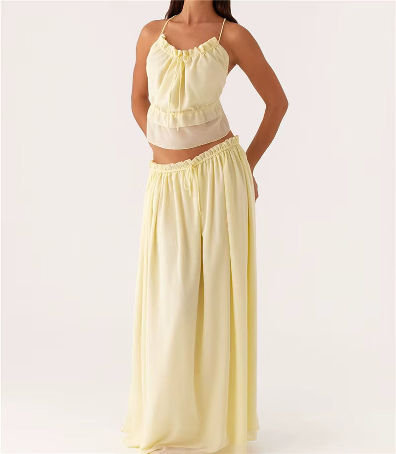 Casual Sleeveless Tie Front Cami Tops and Long Skirt Two Piece Set