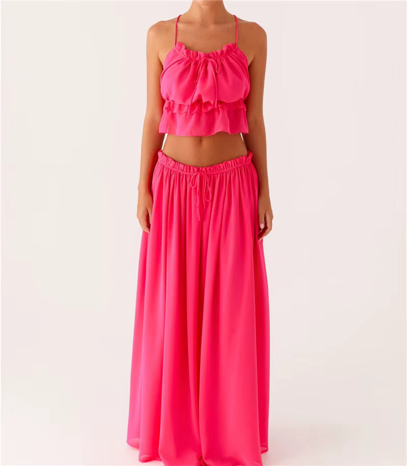 Casual Sleeveless Tie Front Cami Tops and Long Skirt Two Piece Set