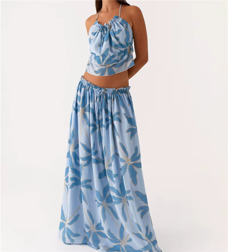 Casual Sleeveless Tie Front Cami Tops and Long Skirt Two Piece Set