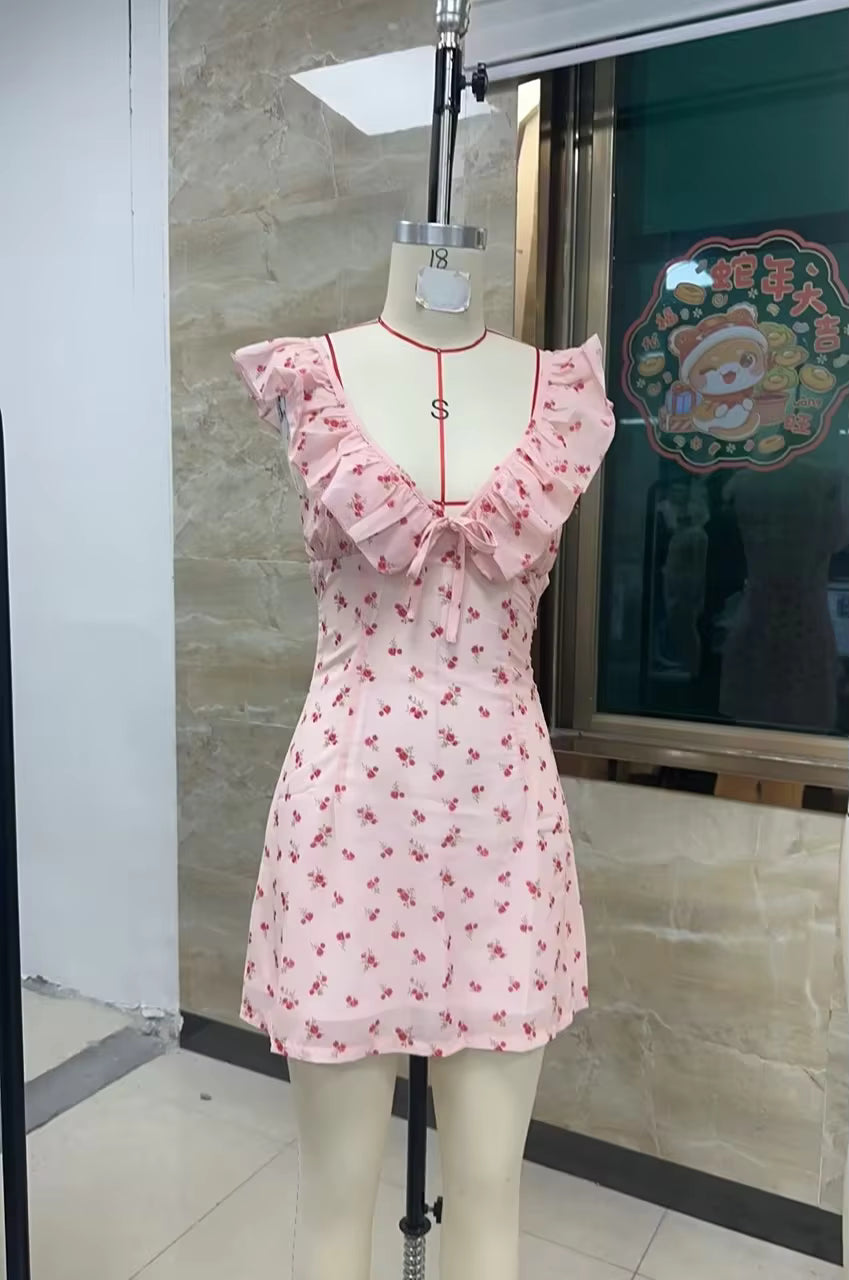 Casual Sleeveless V Neck A-LINE Backless Tie-up Floral Print Mini Dress
