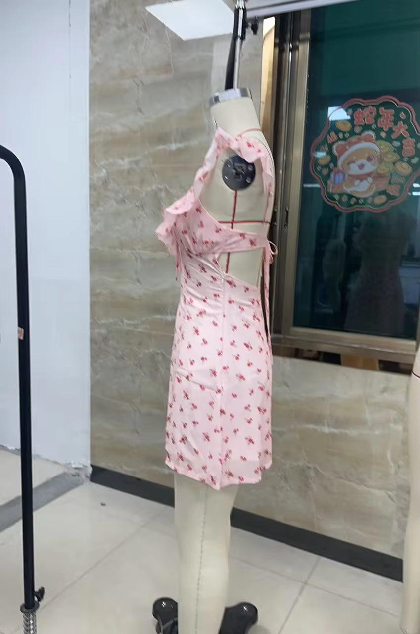 Casual Sleeveless V Neck A-LINE Backless Tie-up Floral Print Mini Dress