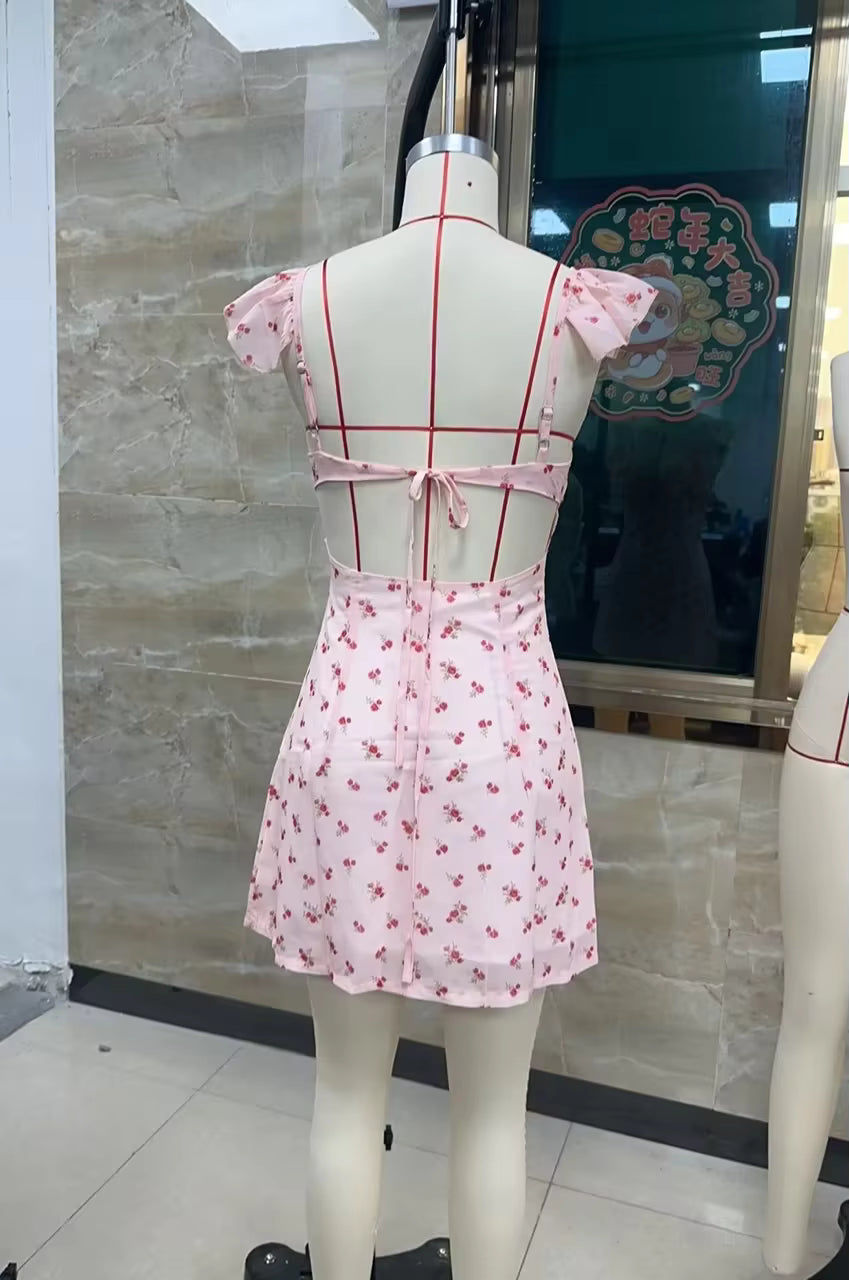 Casual Sleeveless V Neck A-LINE Backless Tie-up Floral Print Mini Dress