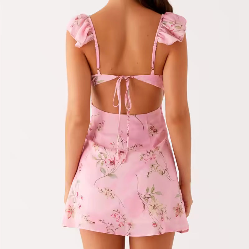 Casual Sleeveless V Neck Backless Tie-up Floral Print Mini Dress