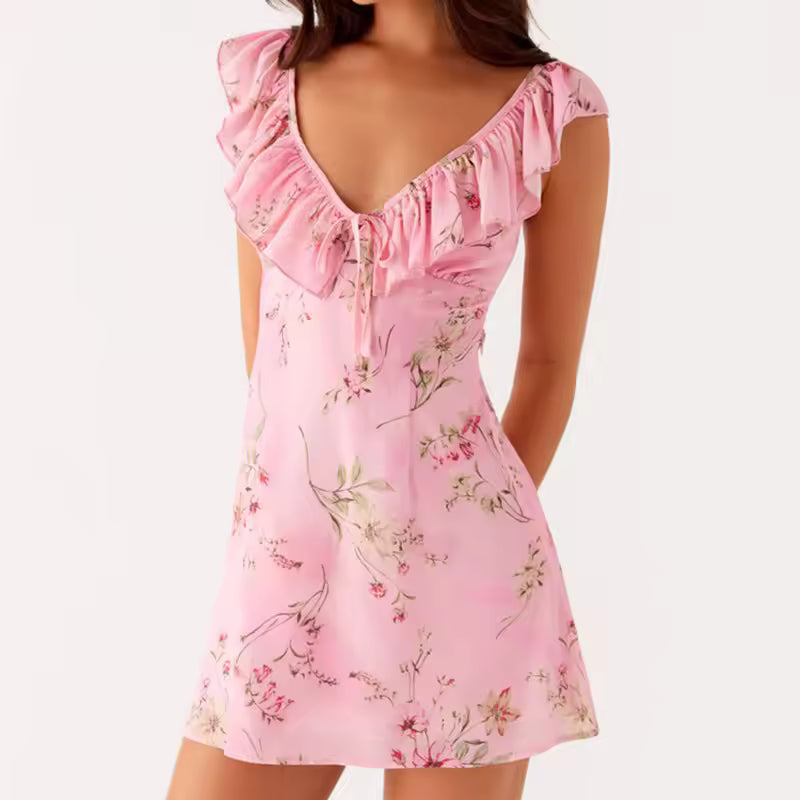 Casual Sleeveless V Neck Backless Tie-up Floral Print Mini Dress