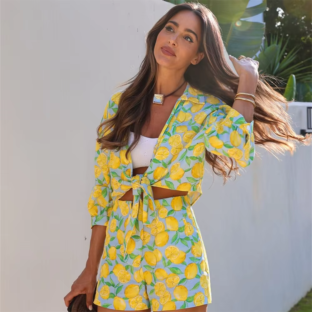 Casual Slim Fit Linen Print Knot Decoration Top And Shorts 2 Pieces Set