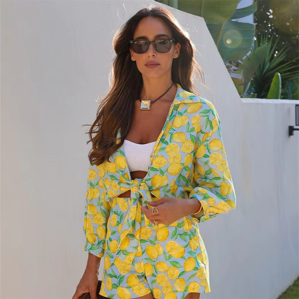 Casual Slim Fit Linen Print Knot Decoration Top And Shorts 2 Pieces Set