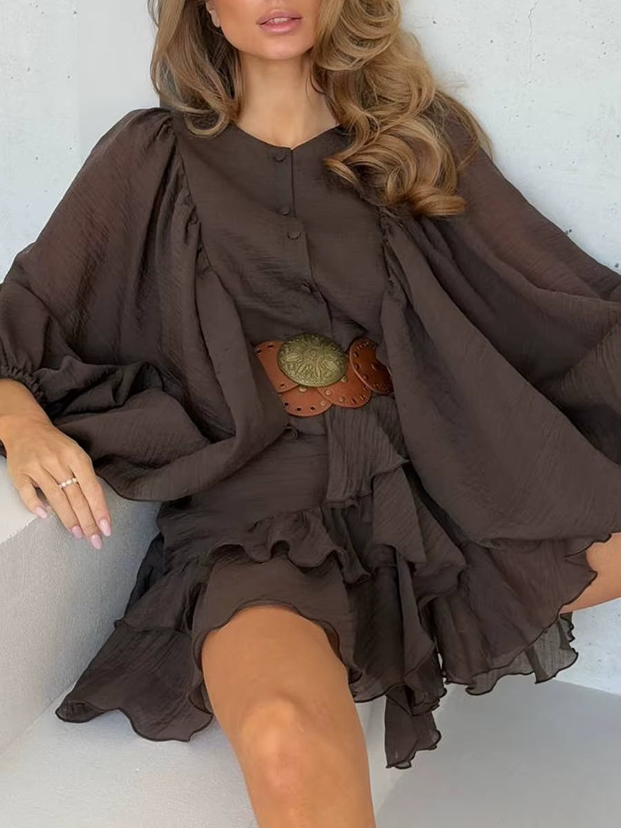 Casual Solid Button O Neck Long Sleeve High Waist Temperament Mini Dresses