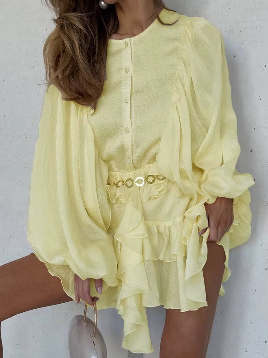 Casual Solid Button O Neck Long Sleeve High Waist Temperament Mini Dresses