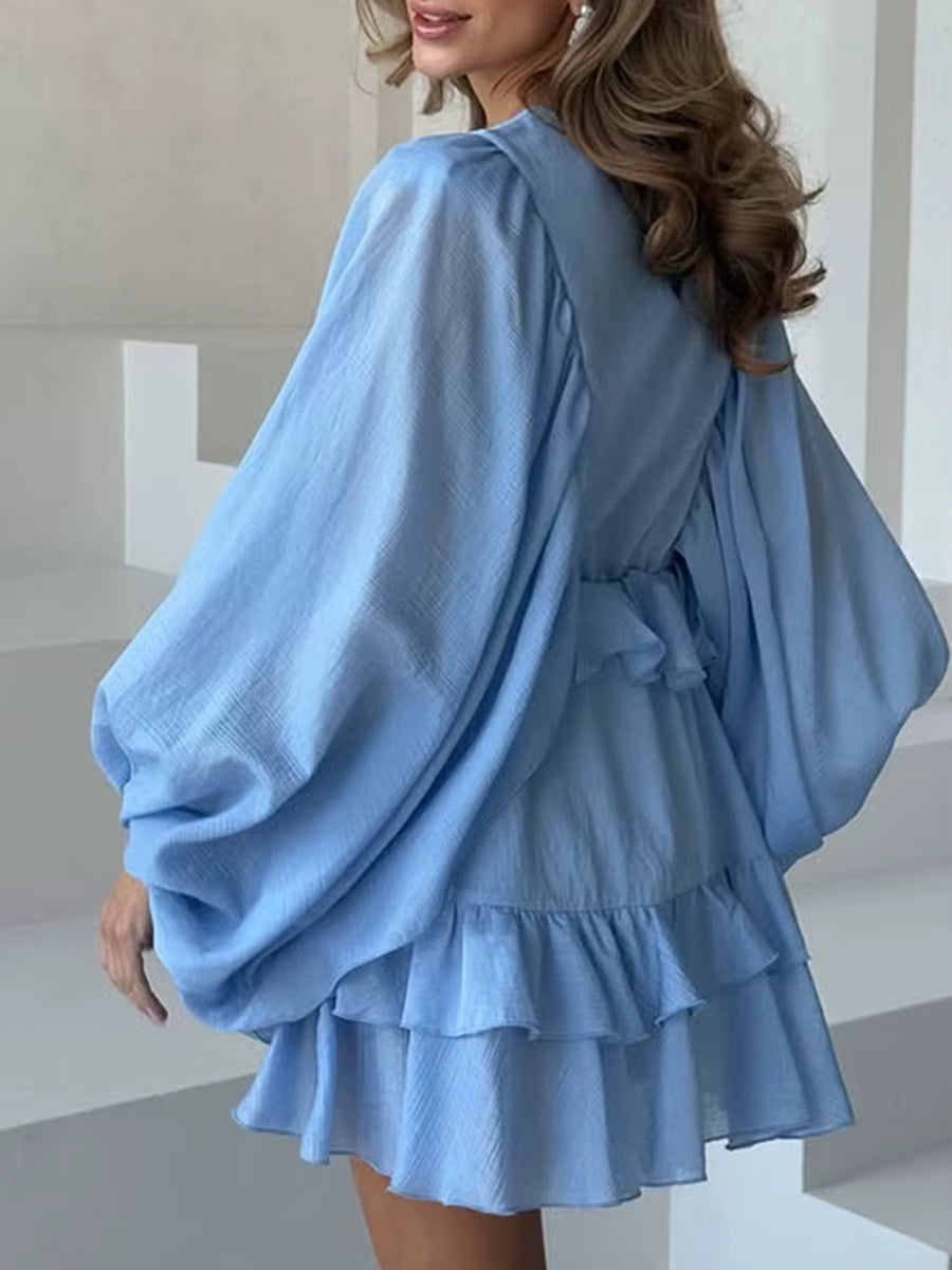 Casual Solid Button O Neck Long Sleeve High Waist Temperament Mini Dresses