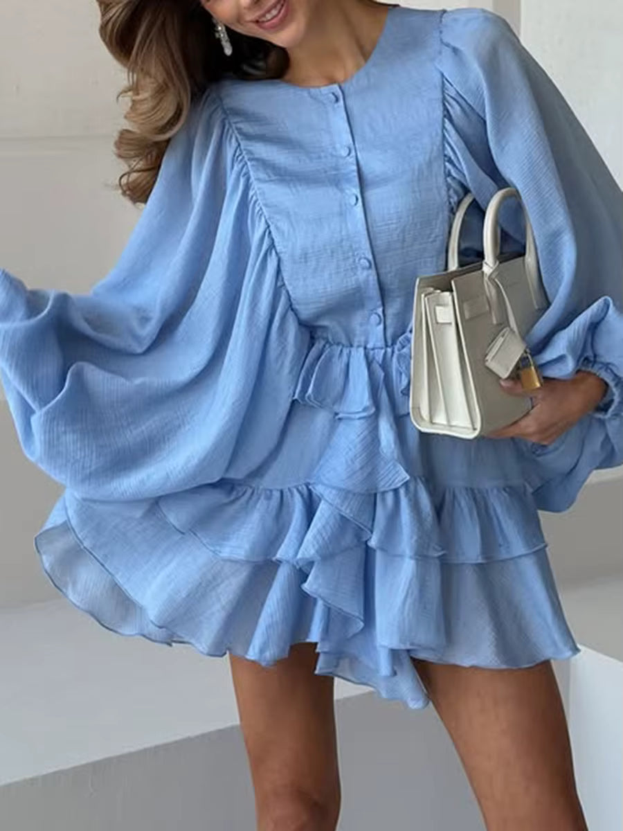 Casual Solid Button O Neck Long Sleeve High Waist Temperament Mini Dresses