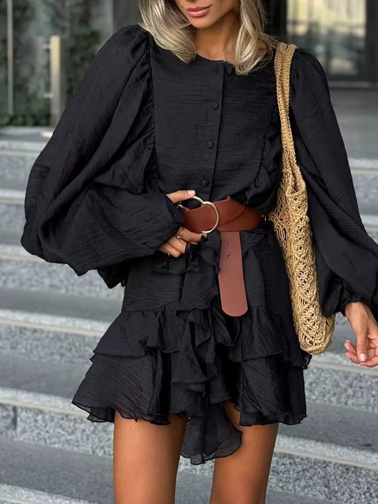 Casual Solid Button O Neck Long Sleeve High Waist Temperament Mini Dresses