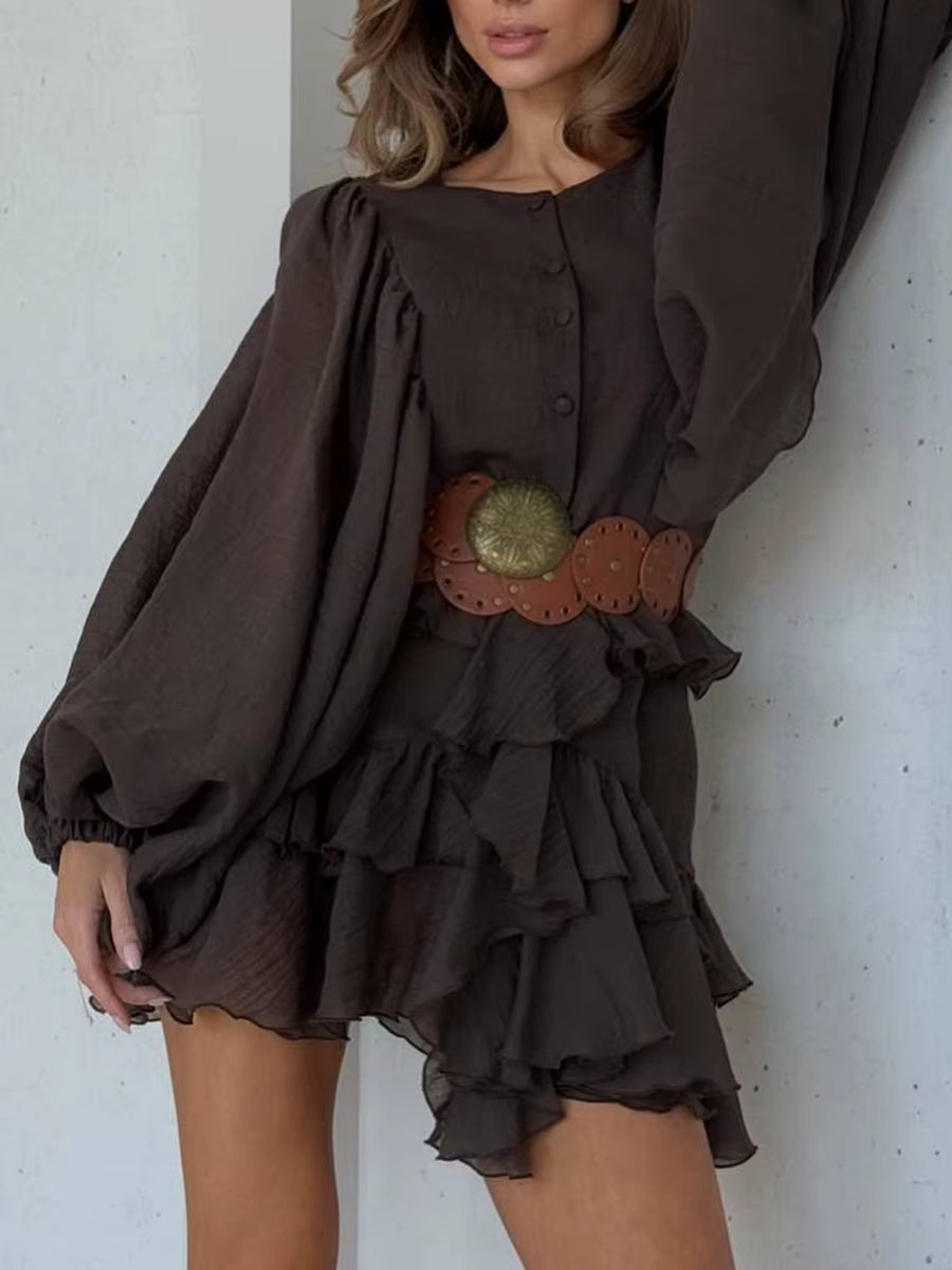 Casual Solid Button O Neck Long Sleeve High Waist Temperament Mini Dresses