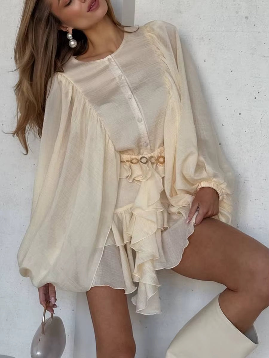 Casual Solid Button O Neck Long Sleeve High Waist Temperament Mini Dresses