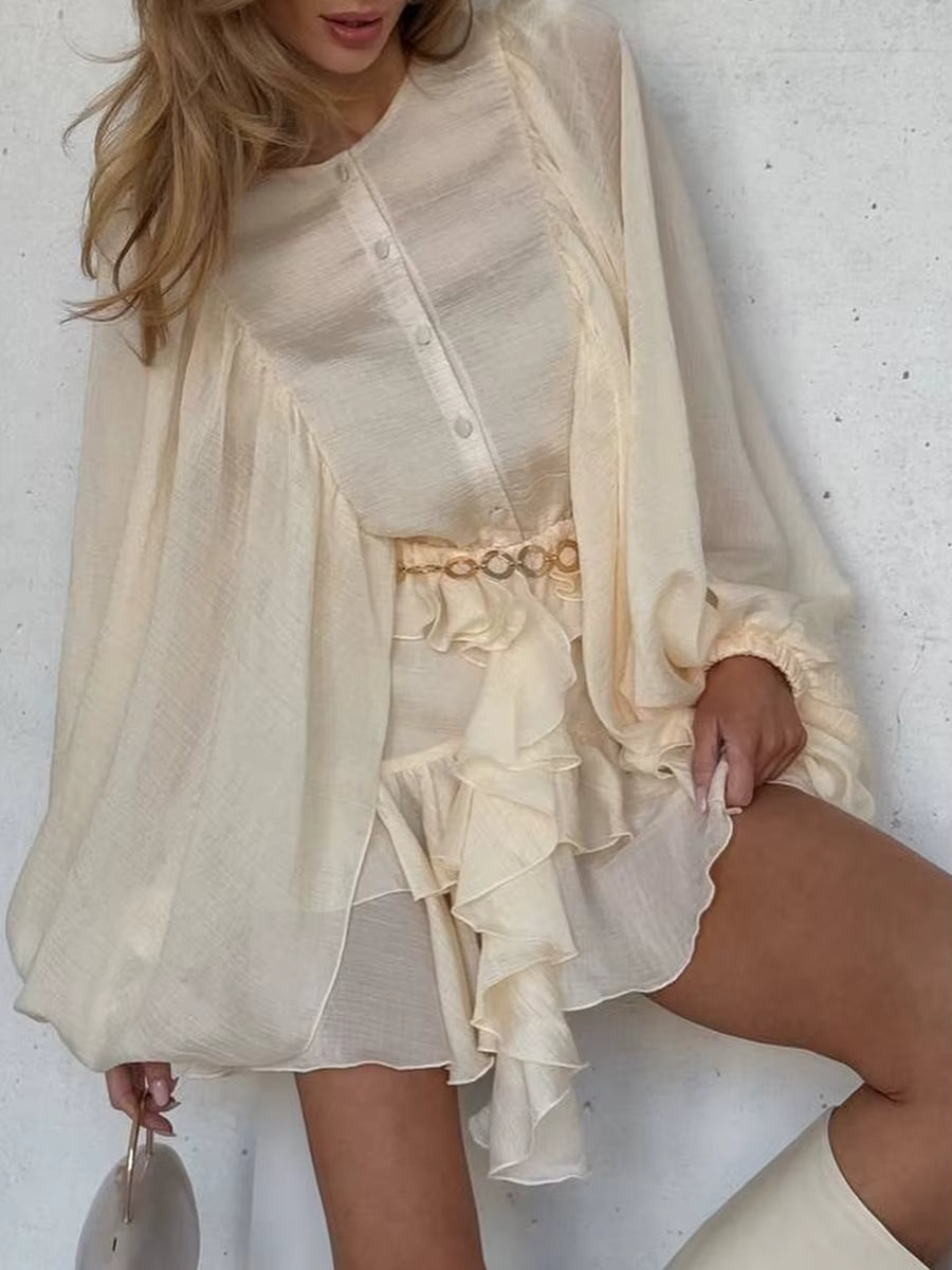 Casual Solid Button O Neck Long Sleeve High Waist Temperament Mini Dresses