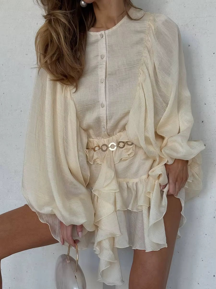 Casual Solid Button O Neck Long Sleeve High Waist Temperament Mini Dresses