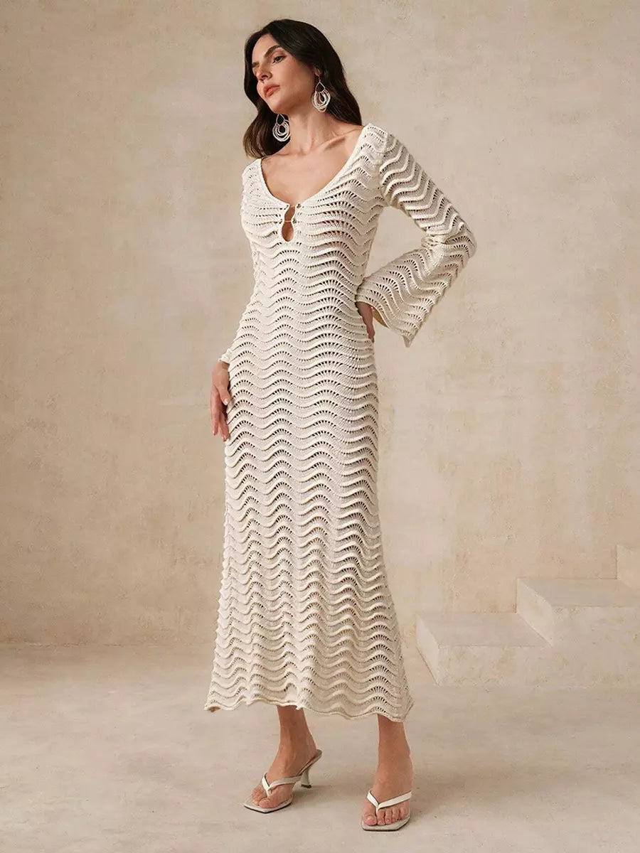 Casual Solid Color Cut-Outs Long Sleeve Knitted Maxi Dress