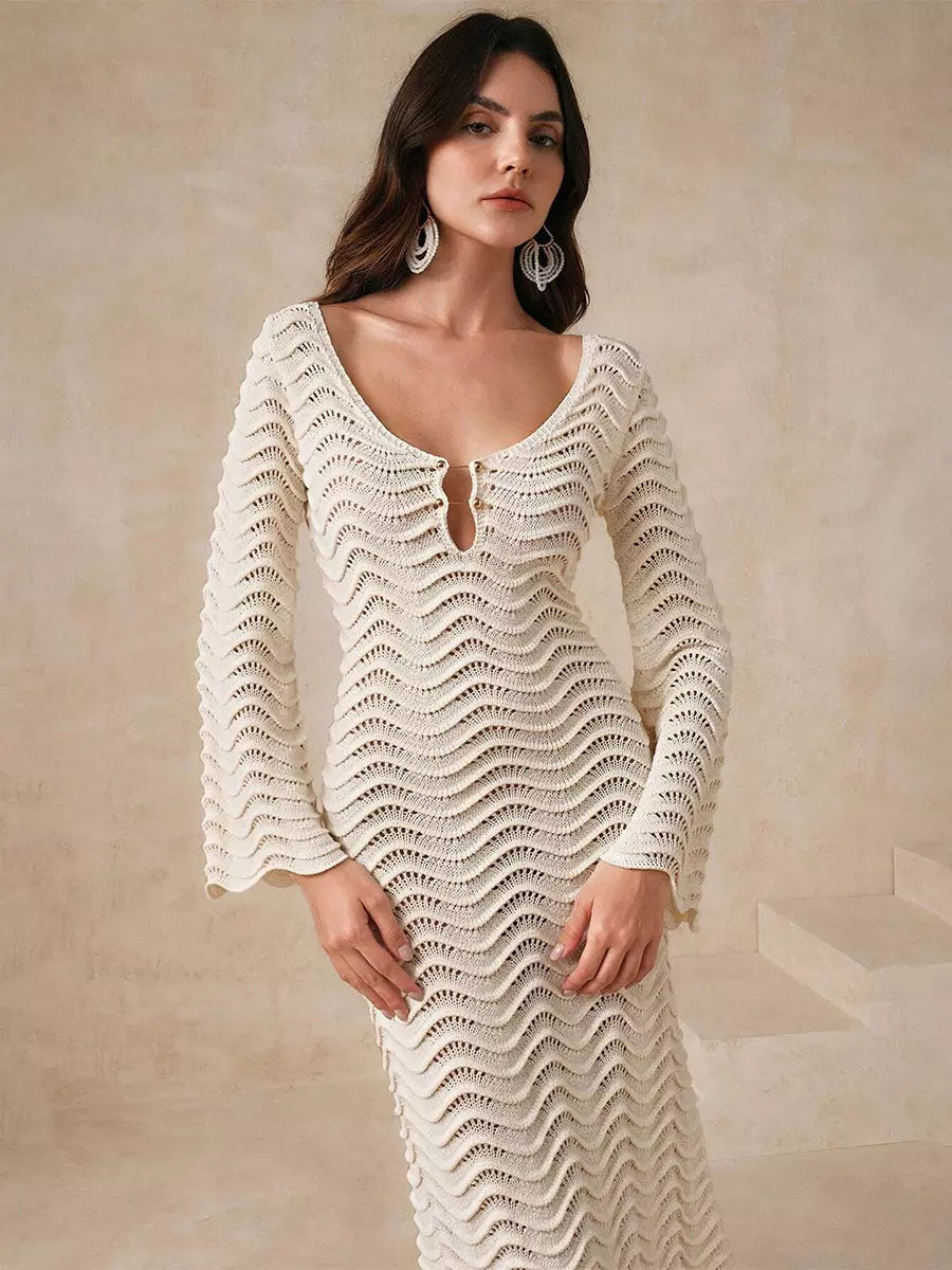 Casual Solid Color Cut-Outs Long Sleeve Knitted Maxi Dress