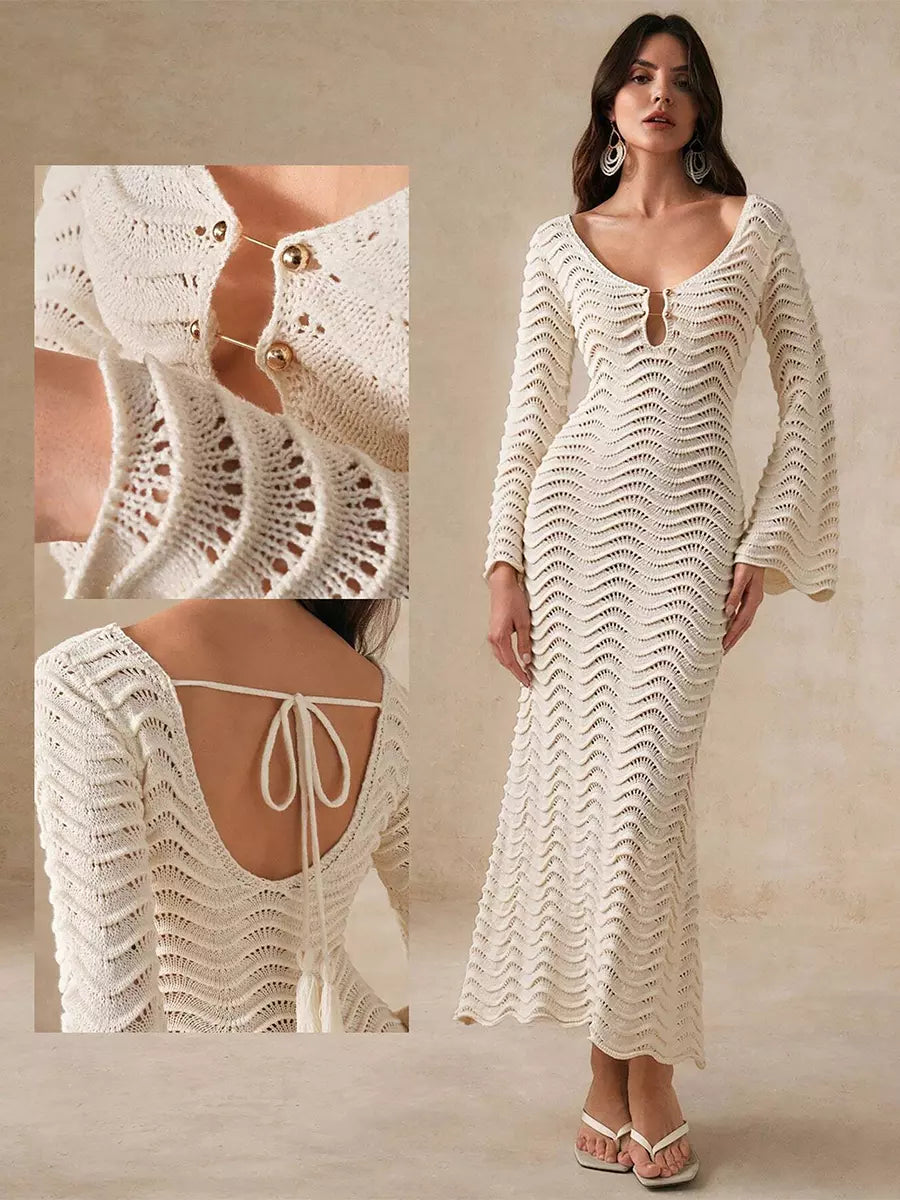 Casual Solid Color Cut-Outs Long Sleeve Knitted Maxi Dress