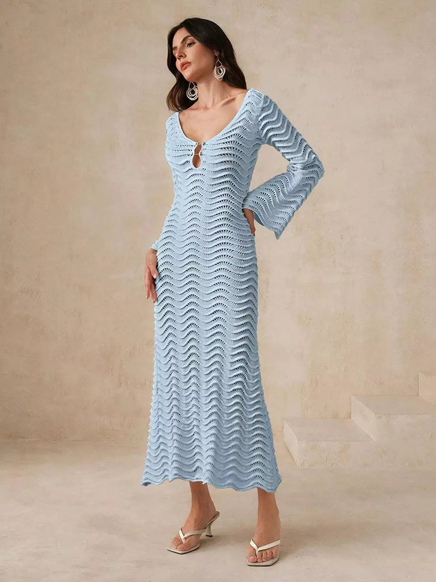Casual Solid Color Cut-Outs Long Sleeve Knitted Maxi Dress