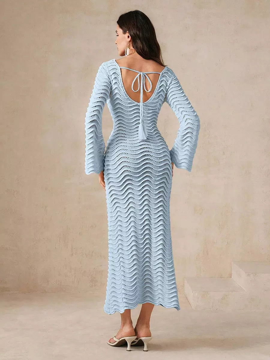 Casual Solid Color Cut-Outs Long Sleeve Knitted Maxi Dress