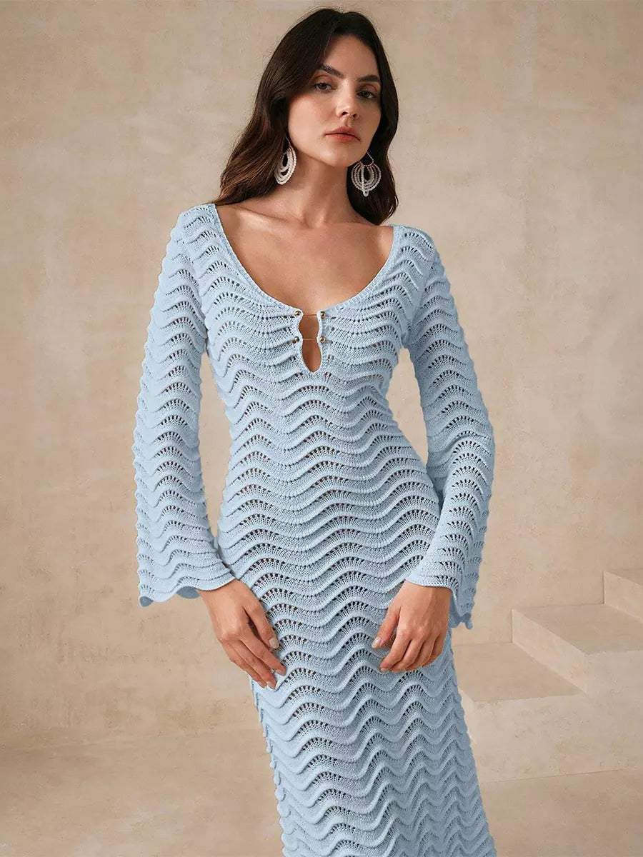 Casual Solid Color Cut-Outs Long Sleeve Knitted Maxi Dress