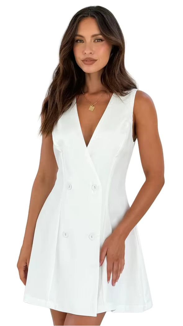 Casual Solid Color Sleeveless Single Breasted Style Street Versatile Formal Mini Dress