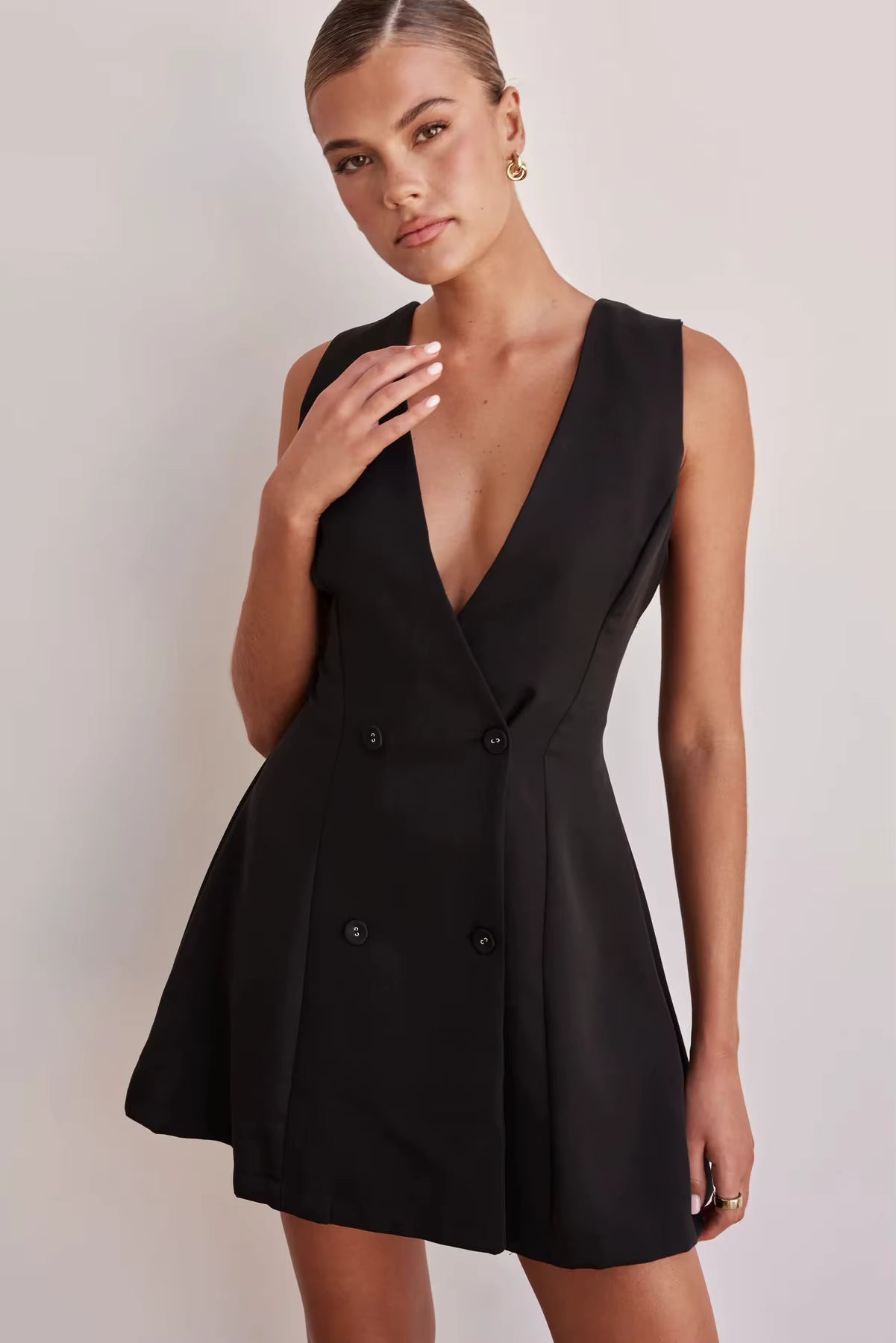 Casual Solid Color Sleeveless Single Breasted Style Street Versatile Formal Mini Dress