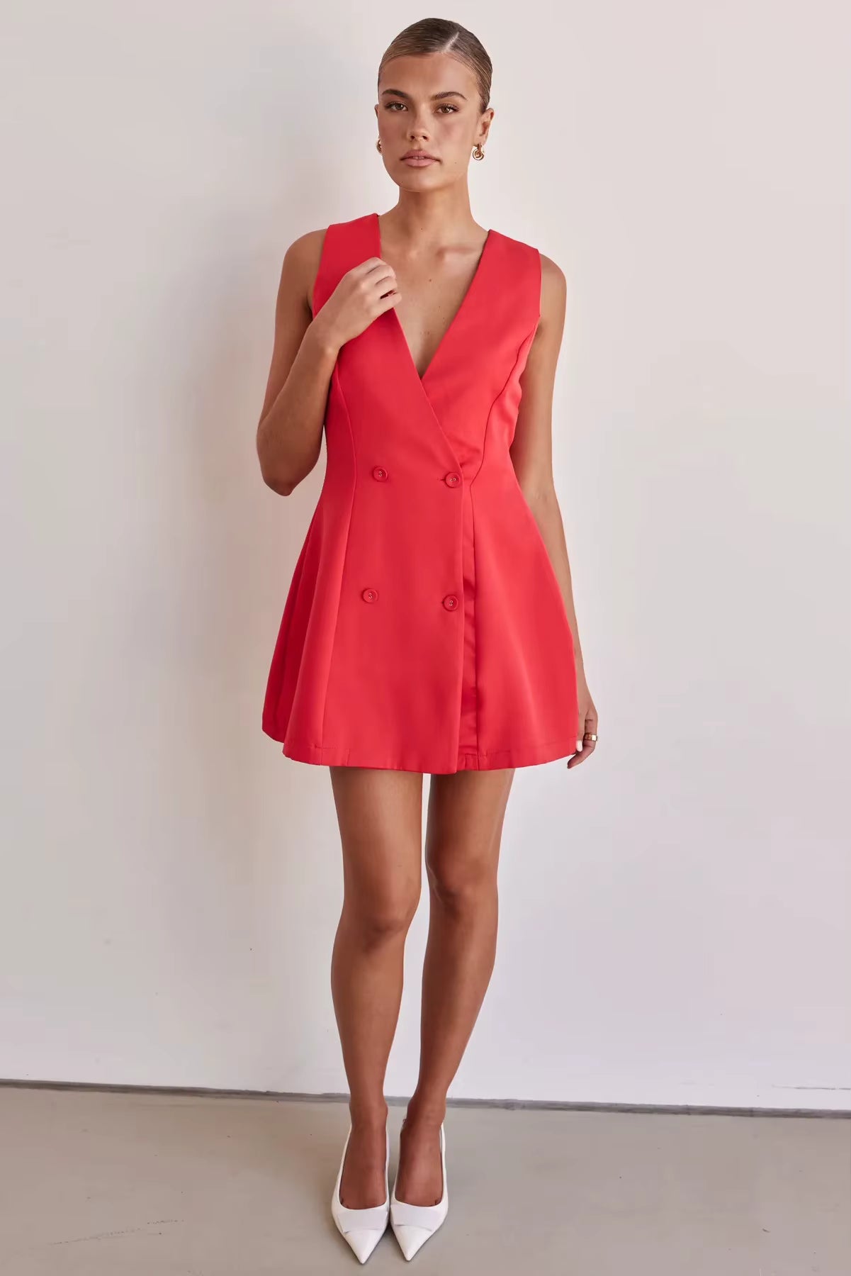 Casual Solid Color Sleeveless Single Breasted Style Street Versatile Formal Mini Dress