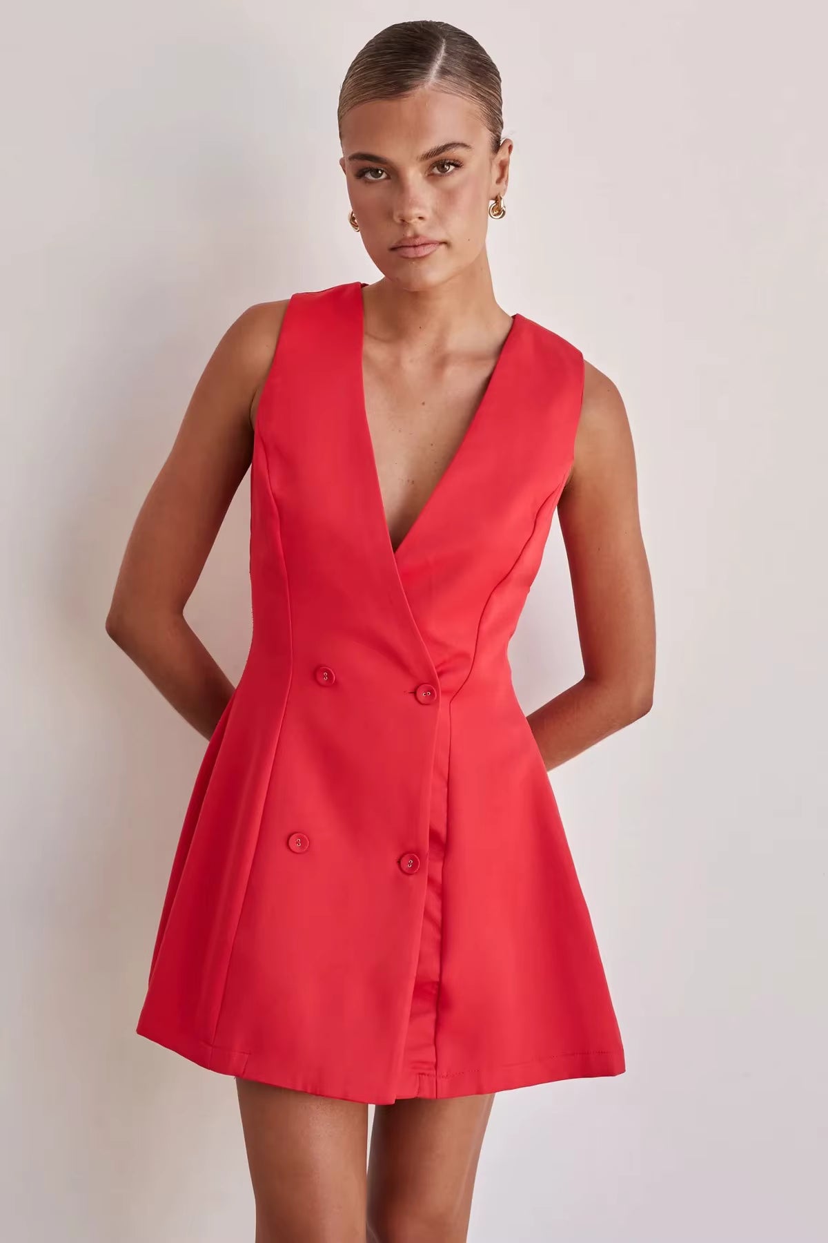 Casual Solid Color Sleeveless Single Breasted Style Street Versatile Formal Mini Dress