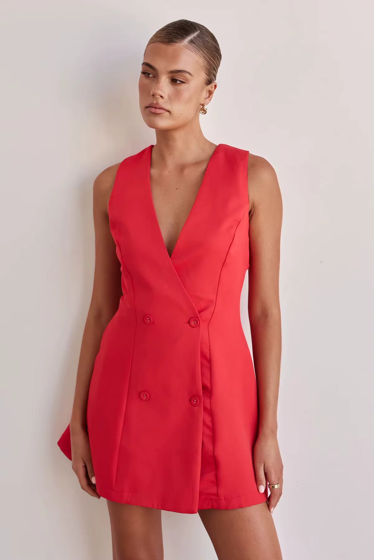 Casual Solid Color Sleeveless Single Breasted Style Street Versatile Formal Mini Dress