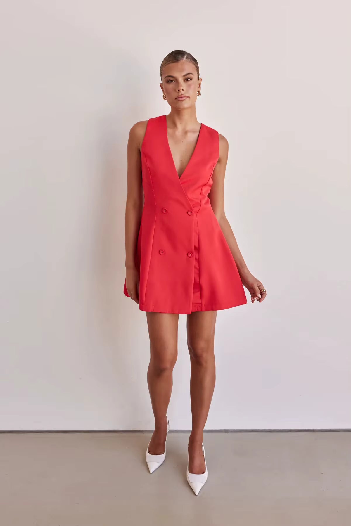 Casual Solid Color Sleeveless Single Breasted Style Street Versatile Formal Mini Dress