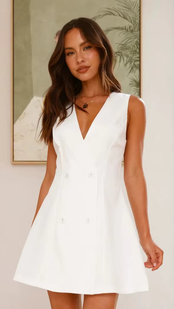 Casual Solid Color Sleeveless Single Breasted Style Street Versatile Formal Mini Dress