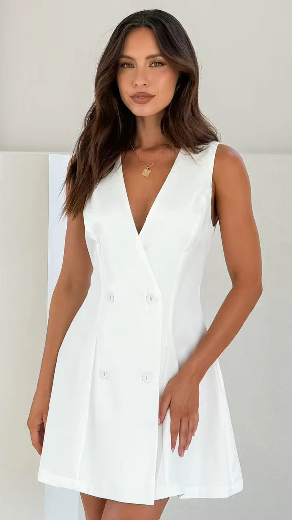 Casual Solid Color Sleeveless Single Breasted Style Street Versatile Formal Mini Dress