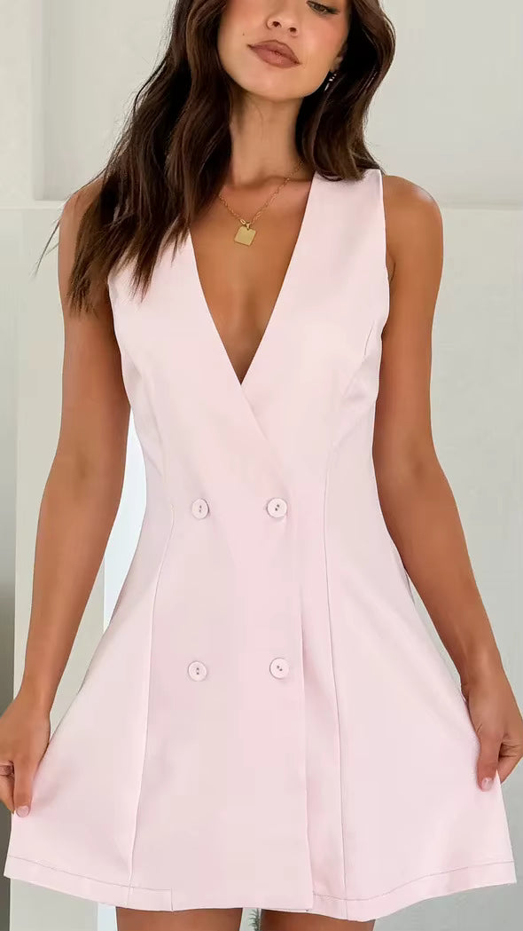 Casual Solid Color Sleeveless Single Breasted Style Street Versatile Formal Mini Dress