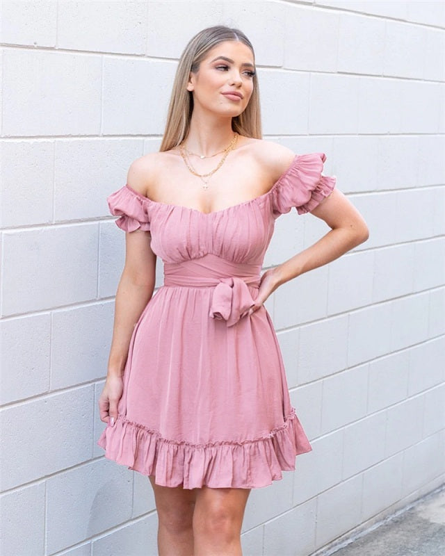 Casual Solid Color Slim Fit A-line Ruffles Dresses