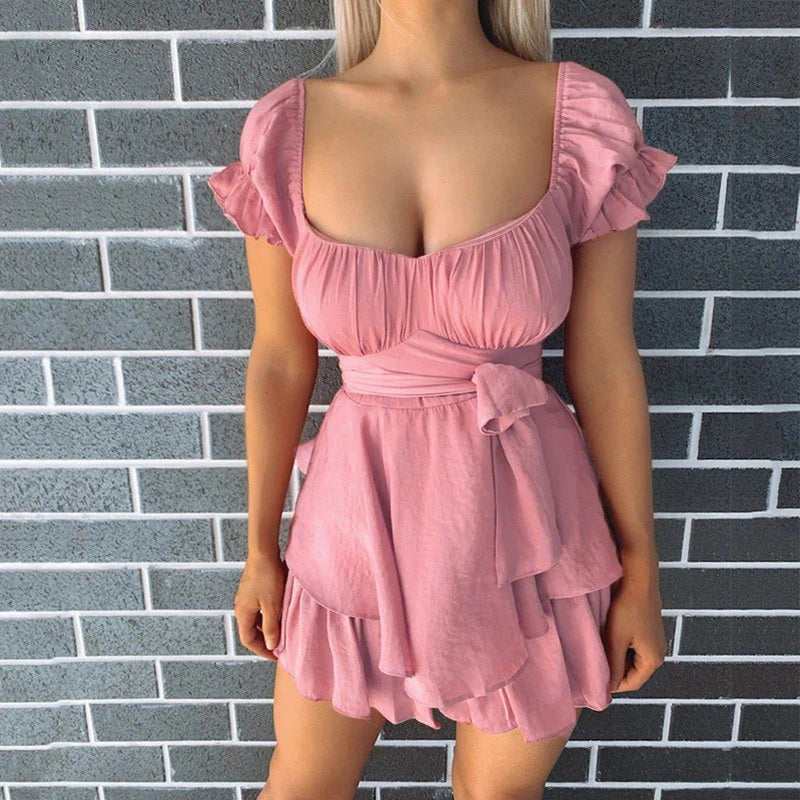 Casual Solid Color Slim Fit A-line Ruffles Dresses