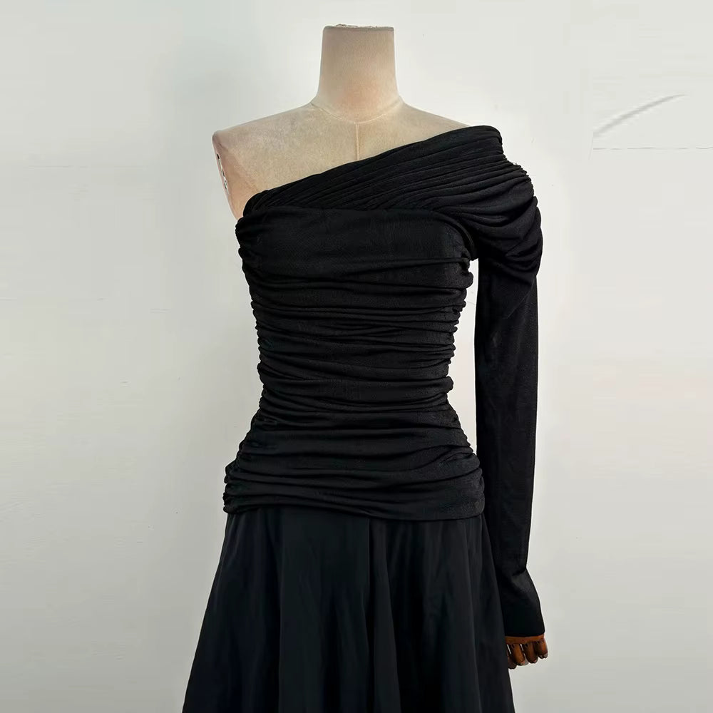 Casual Solid Diagonal Neck Long Sleeves Patchwork Folds Maxi Dress