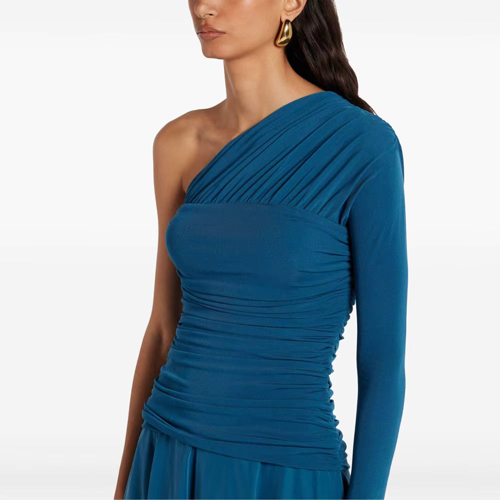 Casual Solid Diagonal Neck Long Sleeves Patchwork Folds Maxi Dress