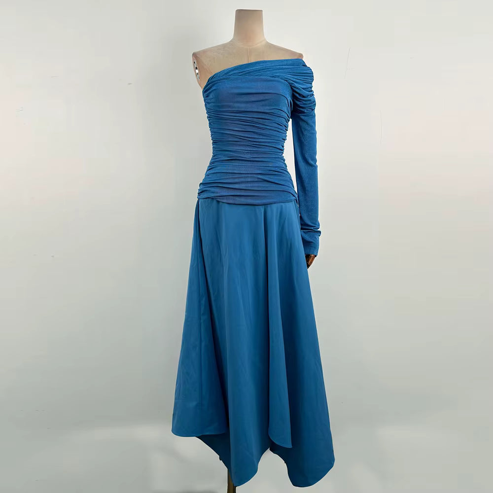 Casual Solid Diagonal Neck Long Sleeves Patchwork Folds Maxi Dress