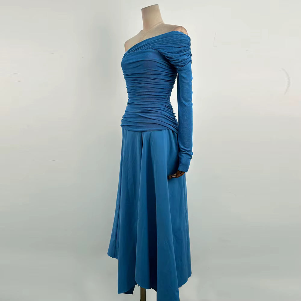 Casual Solid Diagonal Neck Long Sleeves Patchwork Folds Maxi Dress