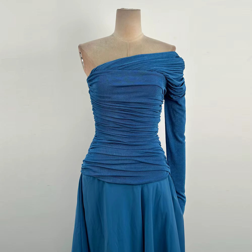 Casual Solid Diagonal Neck Long Sleeves Patchwork Folds Maxi Dress