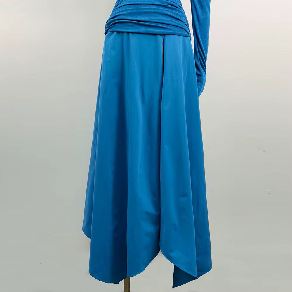Casual Solid Diagonal Neck Long Sleeves Patchwork Folds Maxi Dress