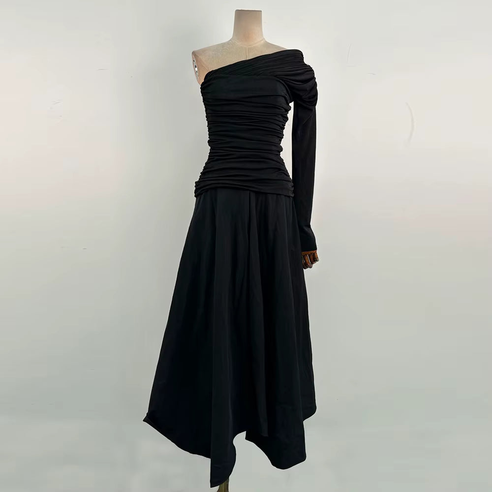 Casual Solid Diagonal Neck Long Sleeves Patchwork Folds Maxi Dress
