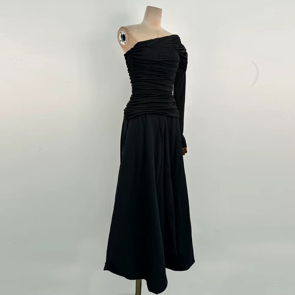 Casual Solid Diagonal Neck Long Sleeves Patchwork Folds Maxi Dress