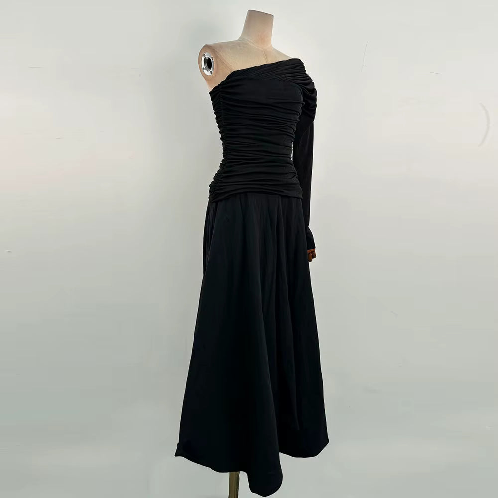 Casual Solid Diagonal Neck Long Sleeves Patchwork Folds Maxi Dress