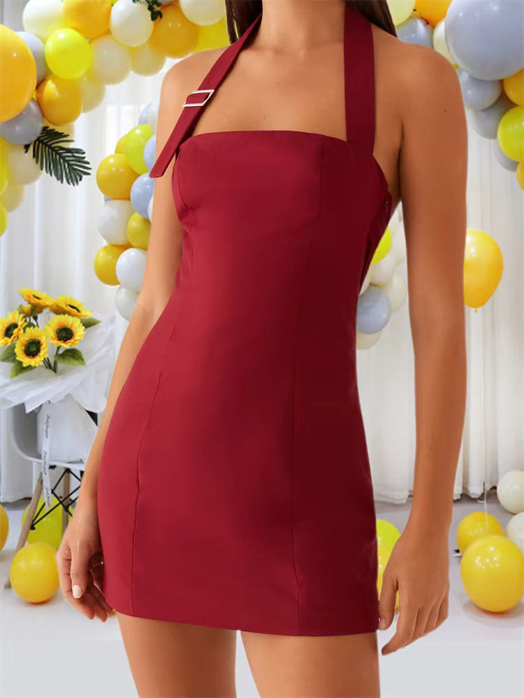 Casual Solid Halter Off Shoulder Sleeveless Backless Bodycon Tank Mini Dress