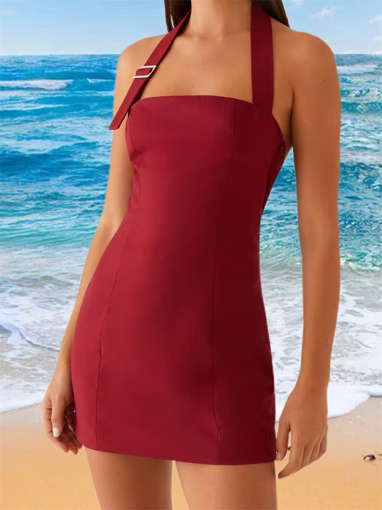 Casual Solid Halter Off Shoulder Sleeveless Backless Bodycon Tank Mini Dress