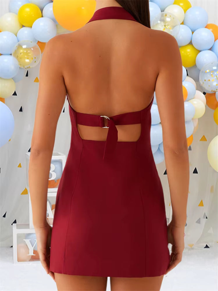 Casual Solid Halter Off Shoulder Sleeveless Backless Bodycon Tank Mini Dress